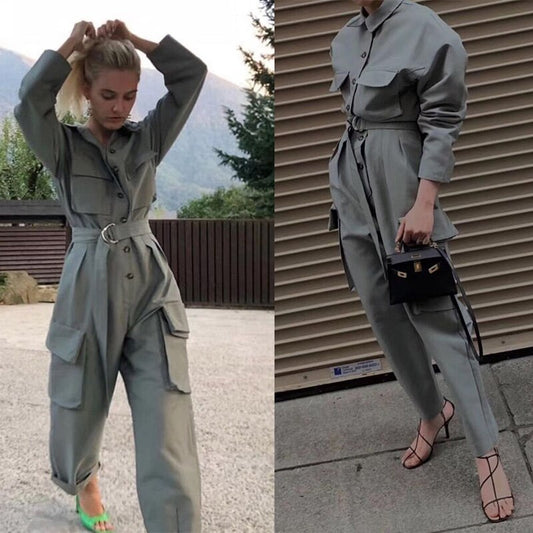 Shirt style long sleeve waist and wide leg overalls for women