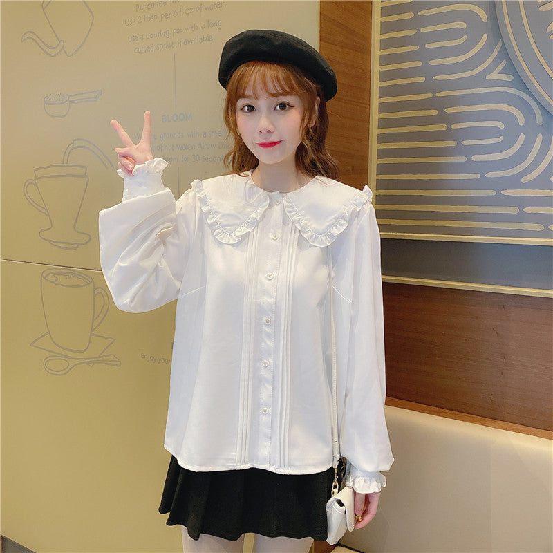 Jk Uniform Sweet Doll Collar Long Sleeve Top White Apricot One Size