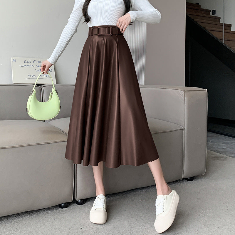 Jupe midi trapèze taille haute en peau de mouton pour femme