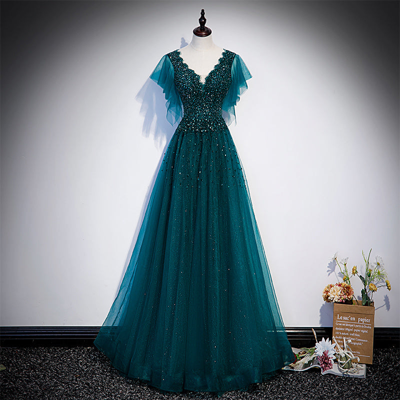 Dark Green Deep V-Neck Evening Dress for Female Host Banquet Performance