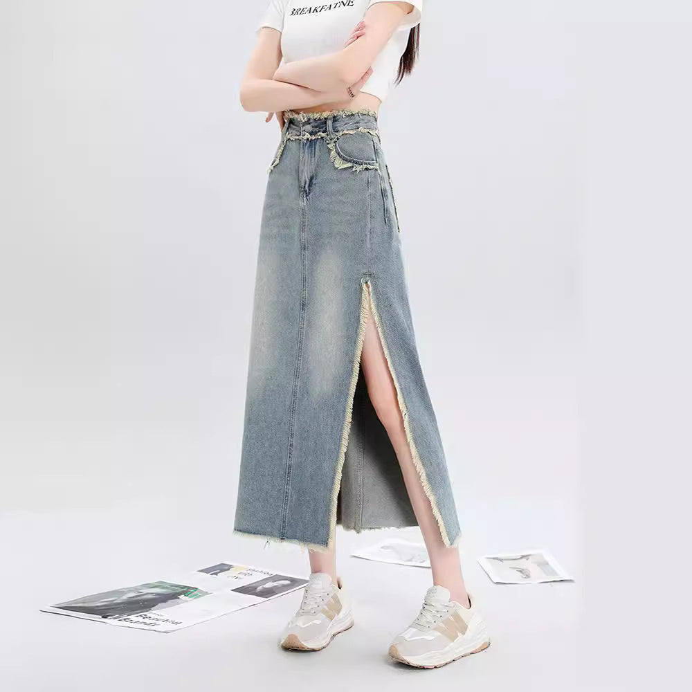 Slit Denim Skirt for Women in Blue & Black