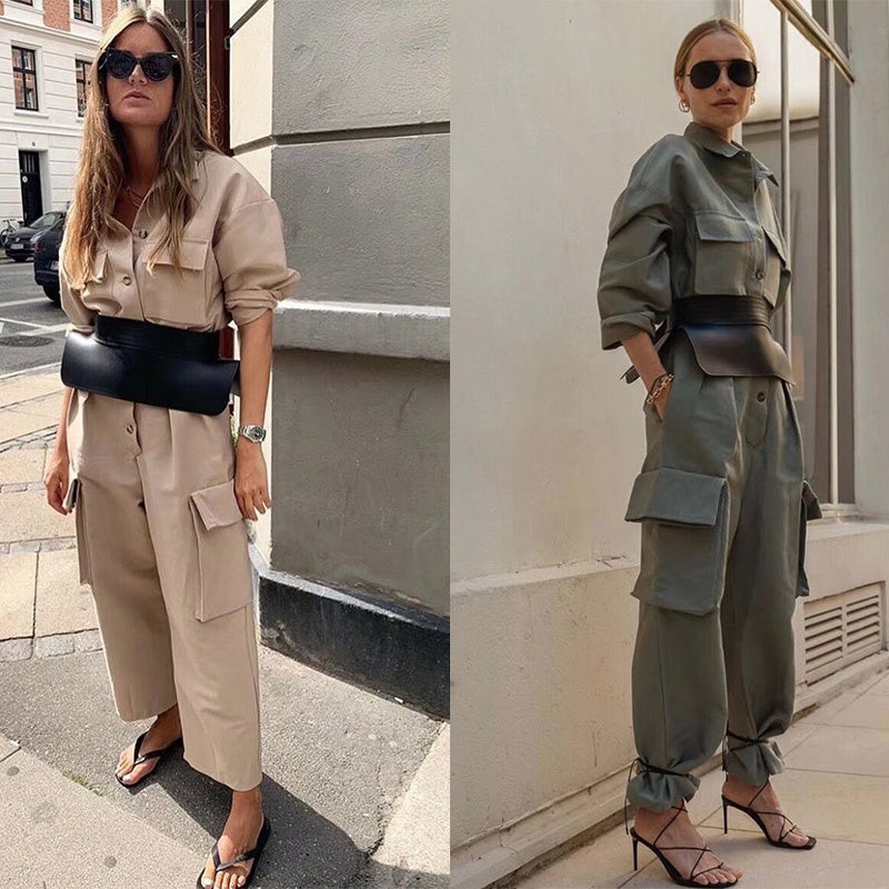 Shirt style long sleeve waist and wide leg overalls for women