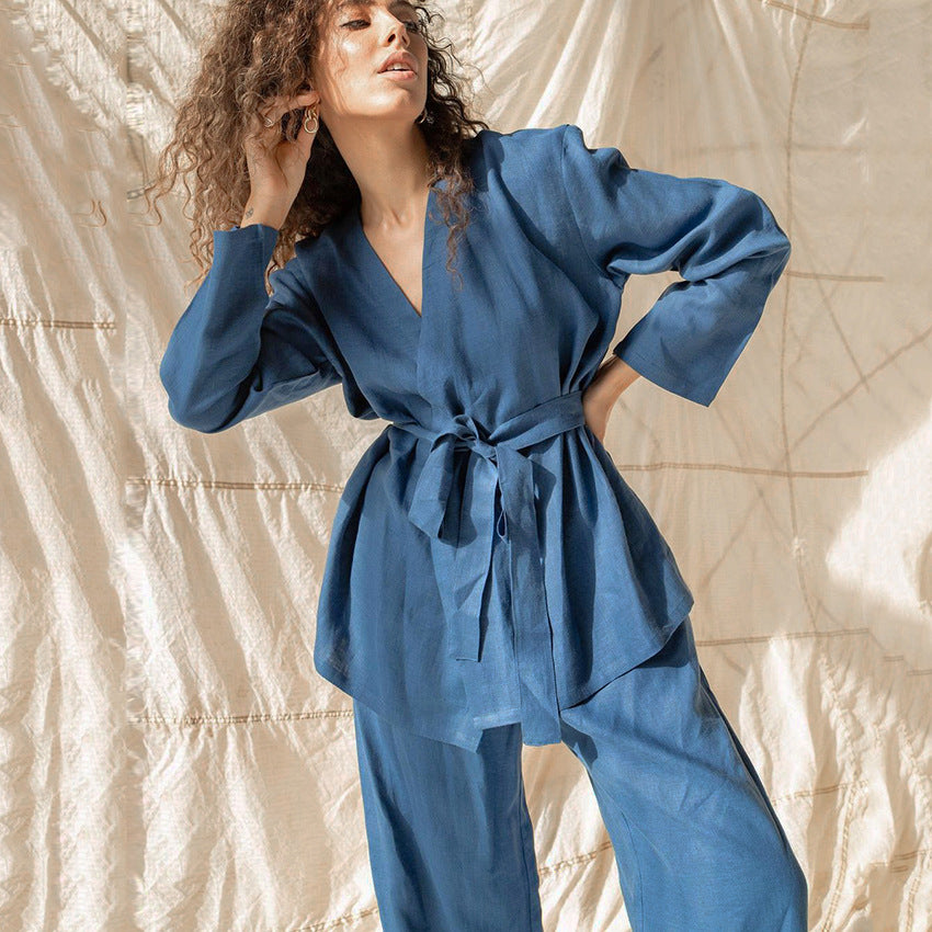 Cotton Linen Women’s Lace-Up Long Sleeve Pajama Set