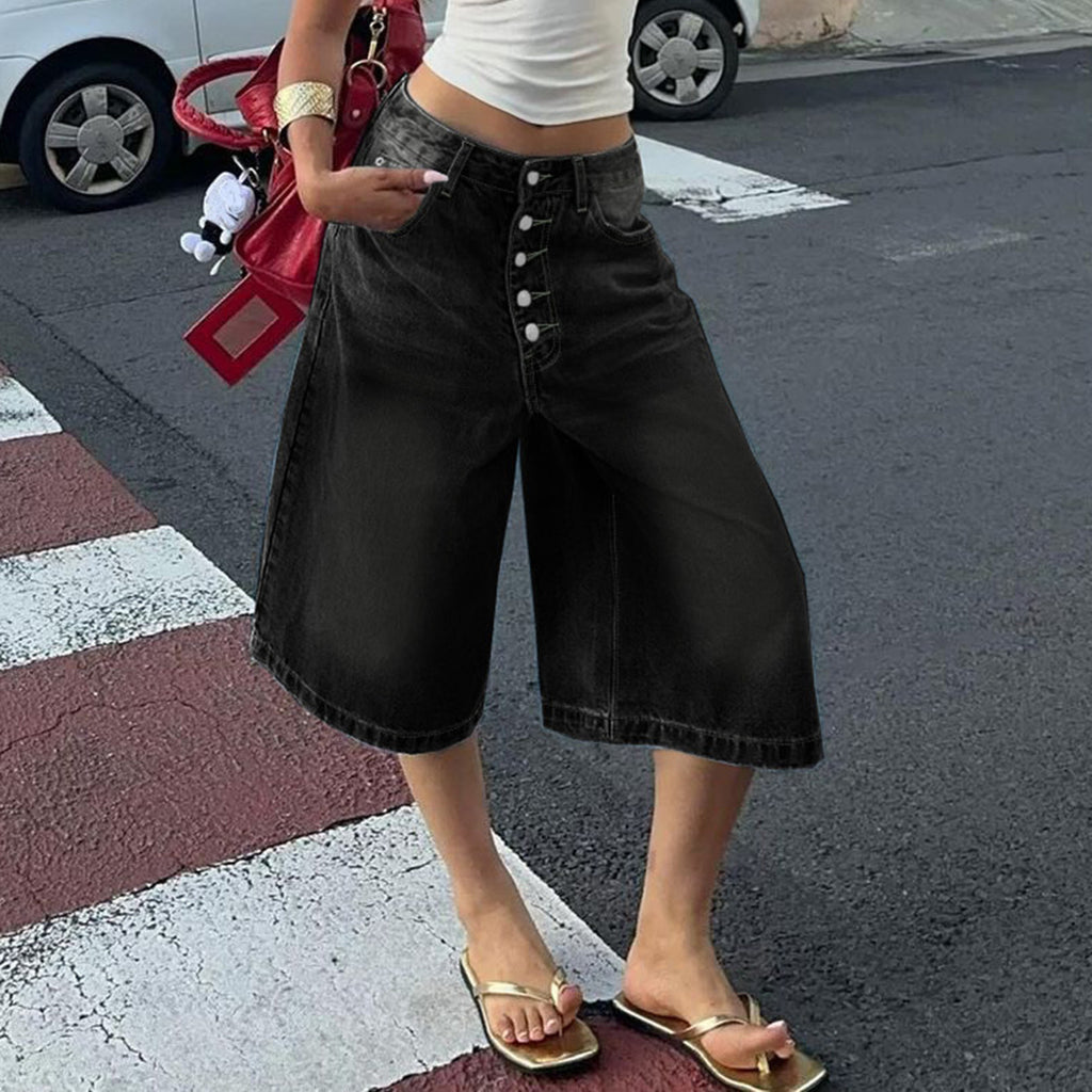 Multi-Breasted Mid-Waist Denim Shorts in Light Blue, Black & Blue