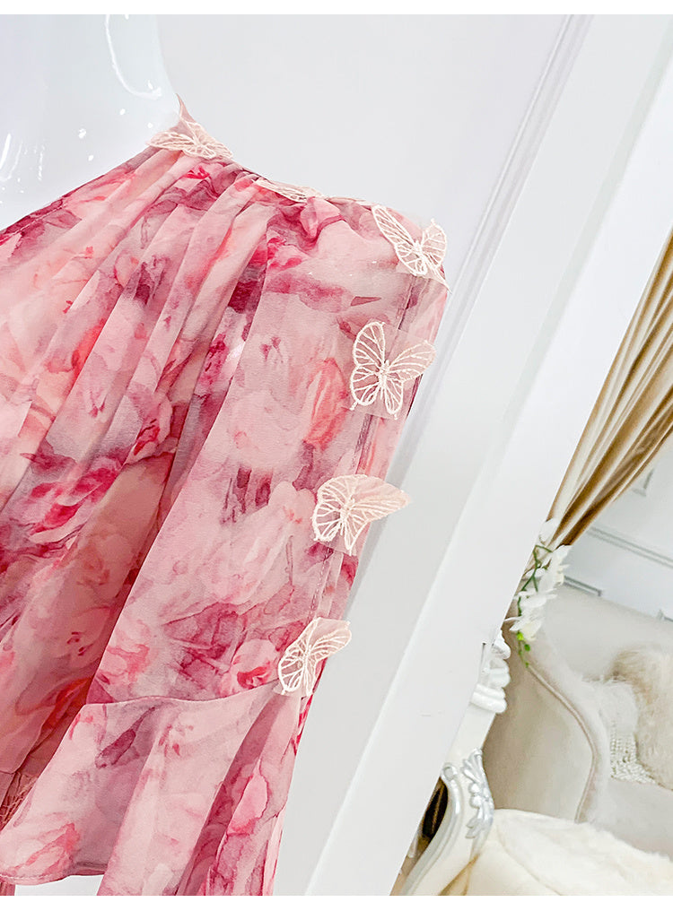 Women's Pink Floral High Waist Chiffon Dress