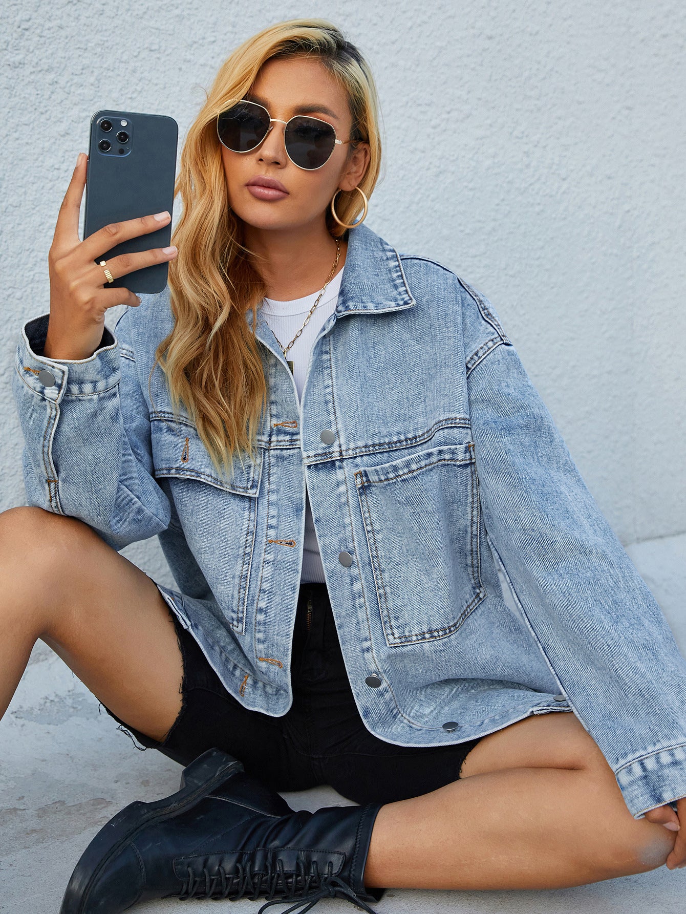Veste longue en jean bleu slim pour femme