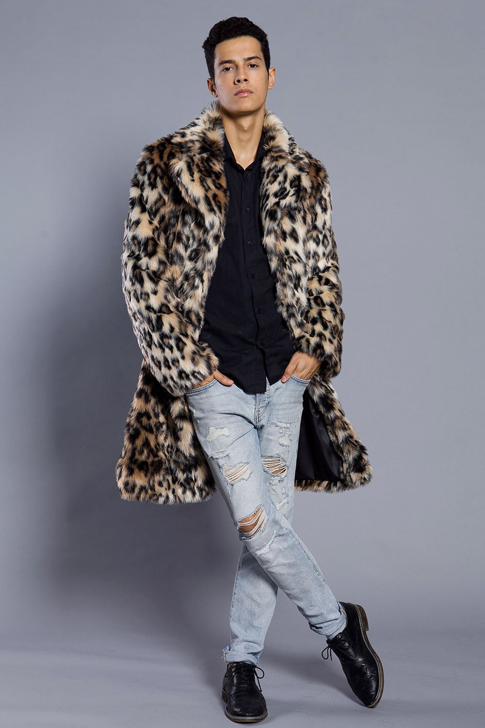 Leopard Color Fur Men's Suit Collar Collar Coat Popular Warm Coat Men