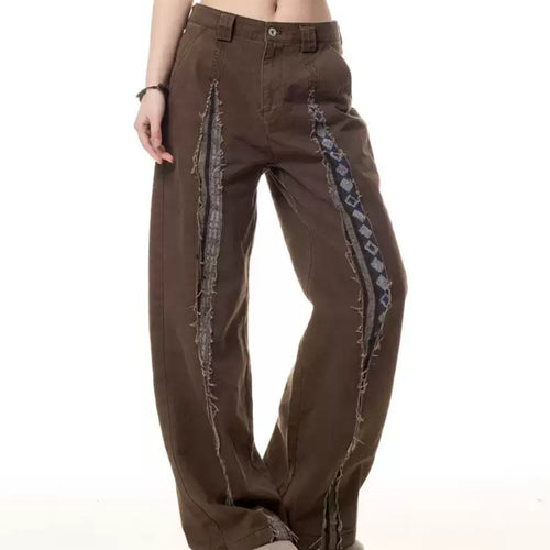 Jean femme rétro à jambes droites, multi-poches, effet effiloché