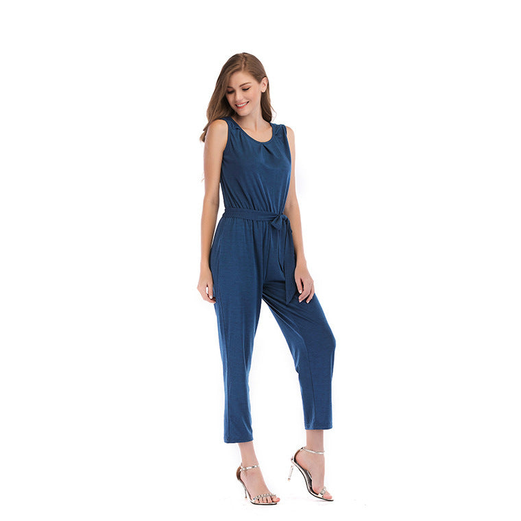 Solid Color Mid-Waist Nine-Minute Cotton Blend Jumpsuit