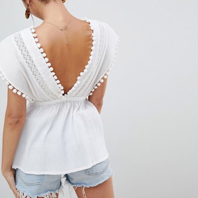 بلوزة نسائية قطنية مطرزة بالدانتيل - مقاسات S-XL