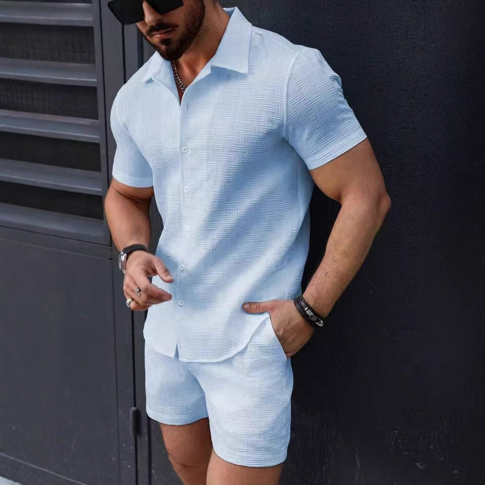 Men's Summer Casual Two-Piece Set Short Sleeve Shirt & Shorts Breathable Beachwear