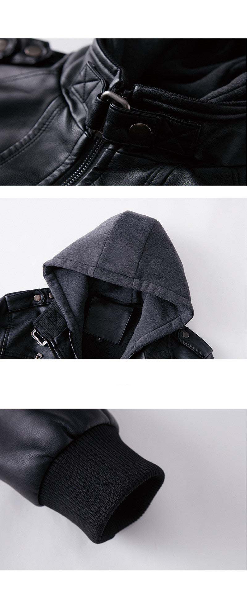 Men's Washed PU Leather Jacket with Removable Hood and Zipper Closure