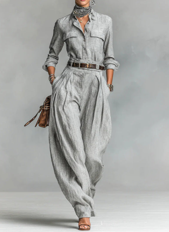 Ensemble Femme Chemise Grise Manches Longues & Pantalon Large