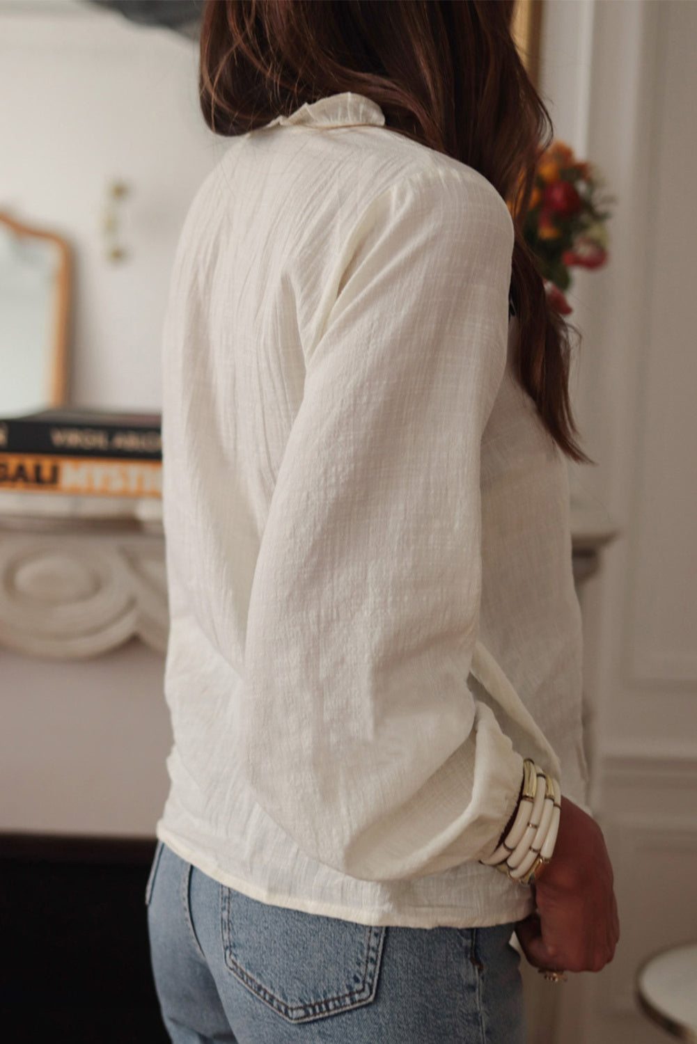 White Floral Embroidered V Neck Puff Sleeve Frilled Blouse