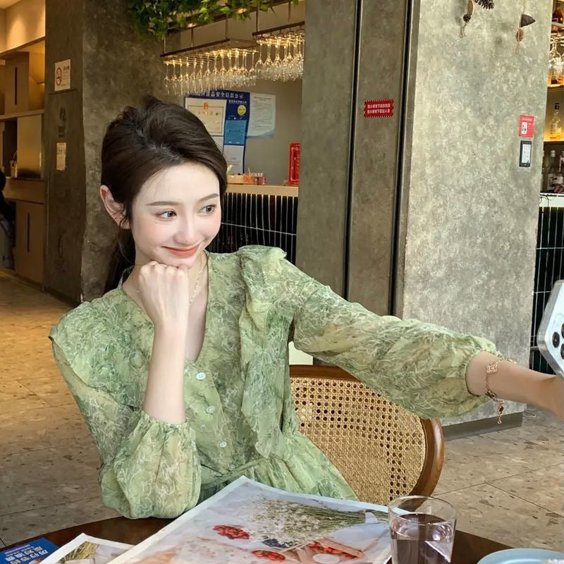 Women's Mid-Length Floral Chiffon Ruffled Dress