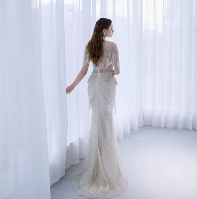 Luxury Cream Tassel Fishtail Evening Dress