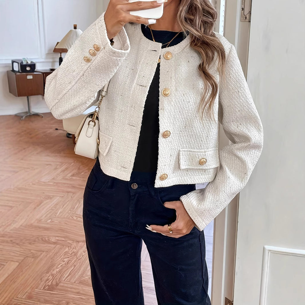 Milky White O-Neck Slim Wool Coat for Women