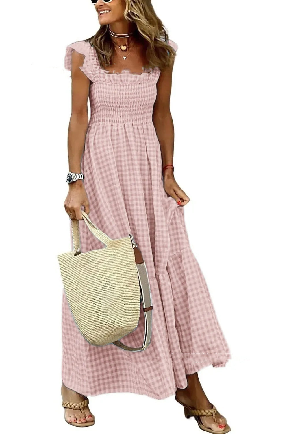 Robe de plage sans manches plissée à volants et motif à carreaux d'été pour femme