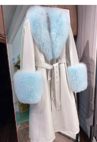 Slim-Fit Genuine Leather Sheepskin Coat with Fox Fur Collar