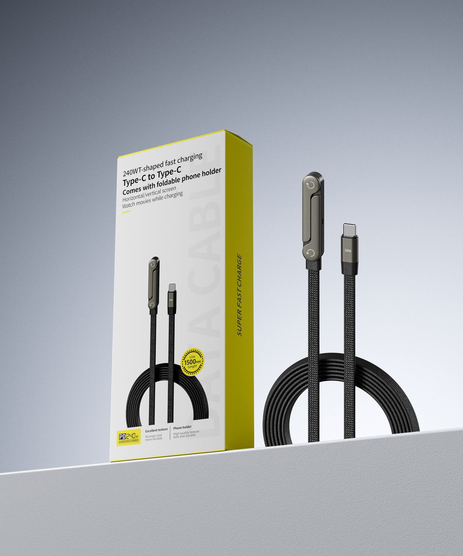 240W Fast Charging Cable with Foldable Phone Stand and 90° Elbow Holder