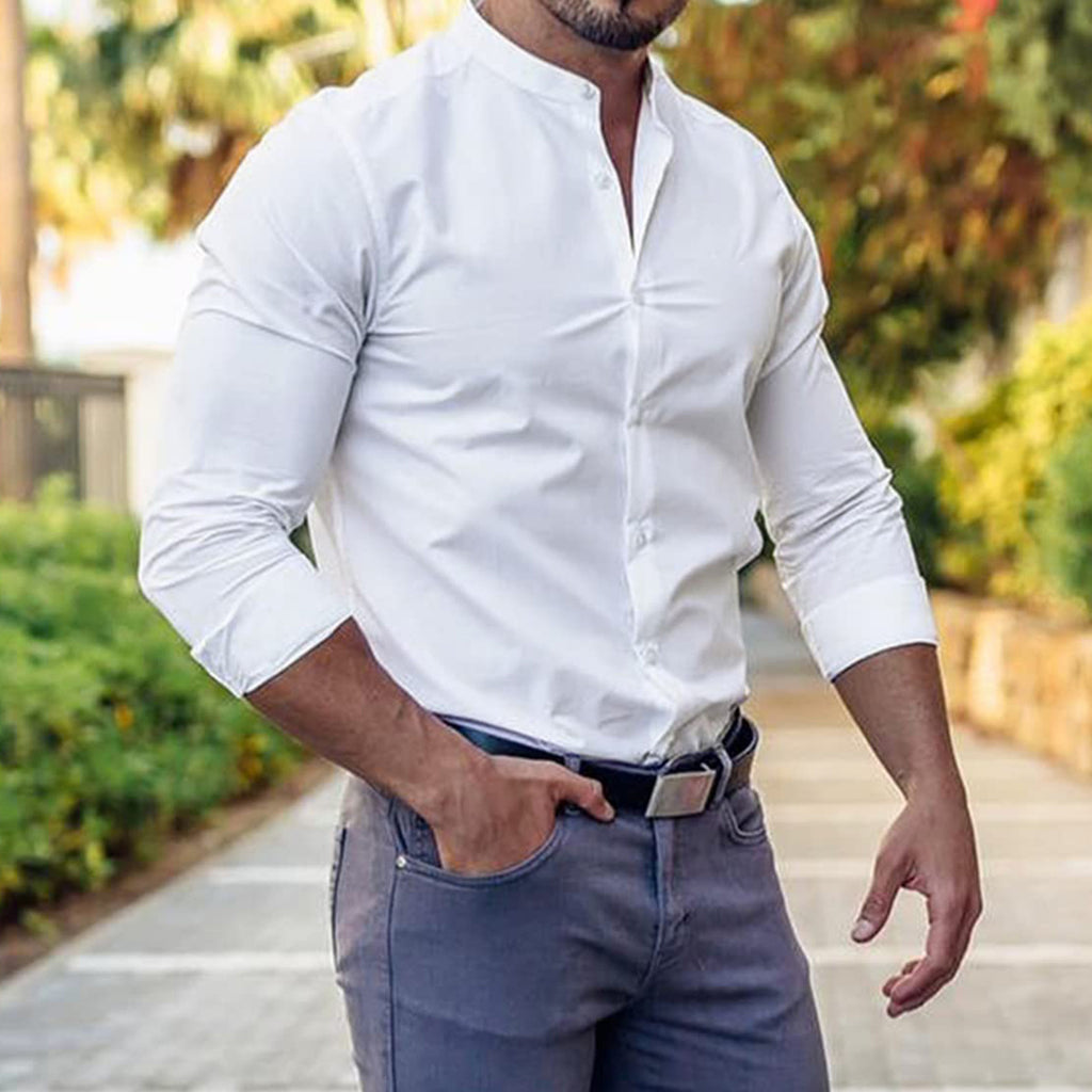 Men's Casual Long Sleeve Slim Button-Down Shirt Solid Colors Polyester