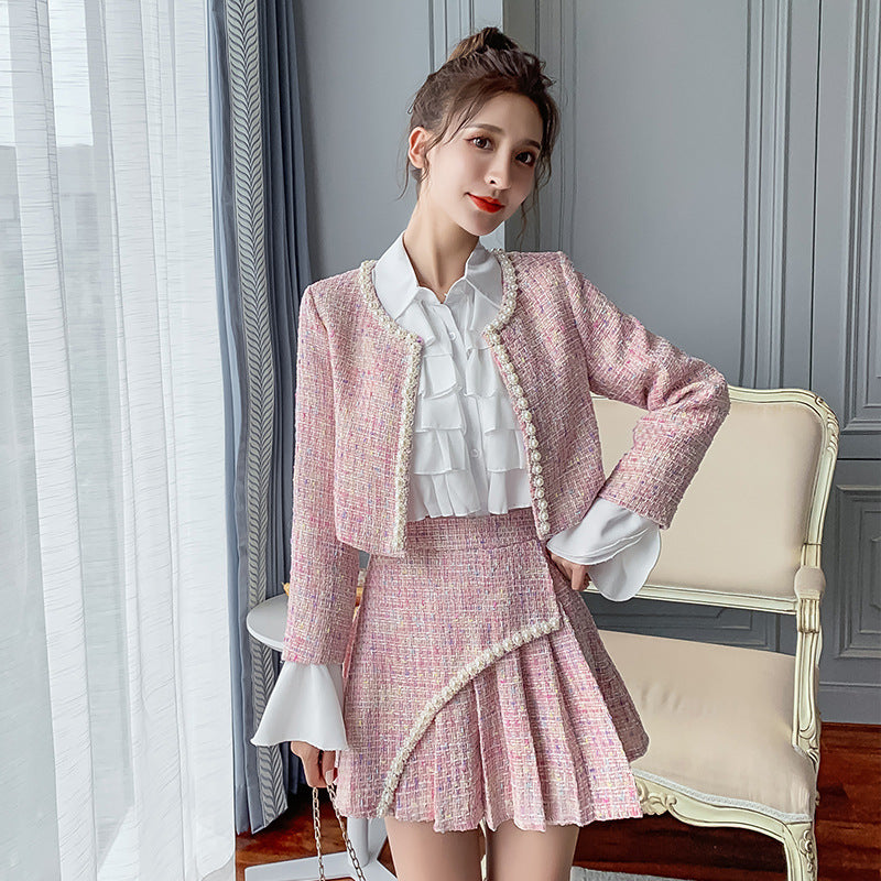 Women's Tweed Jacket Pleated Shirt and Skirt Set