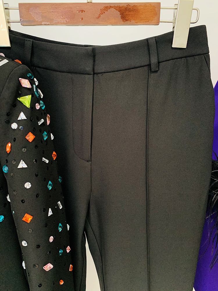 Beaded Color Diamond Two-Piece Suit Coat and Pants Black Polyester