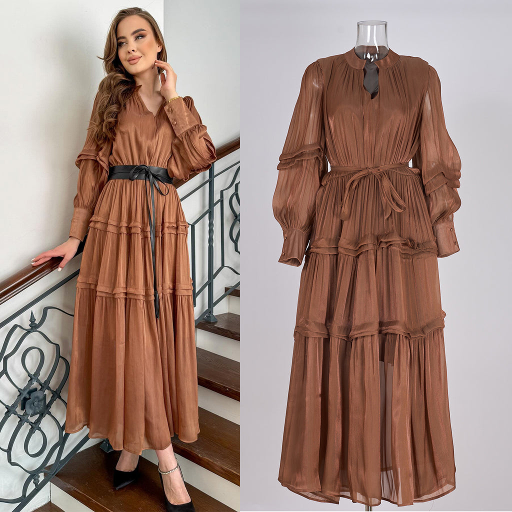 V-Neck Lantern Sleeve High Waist Pleated Long Dress