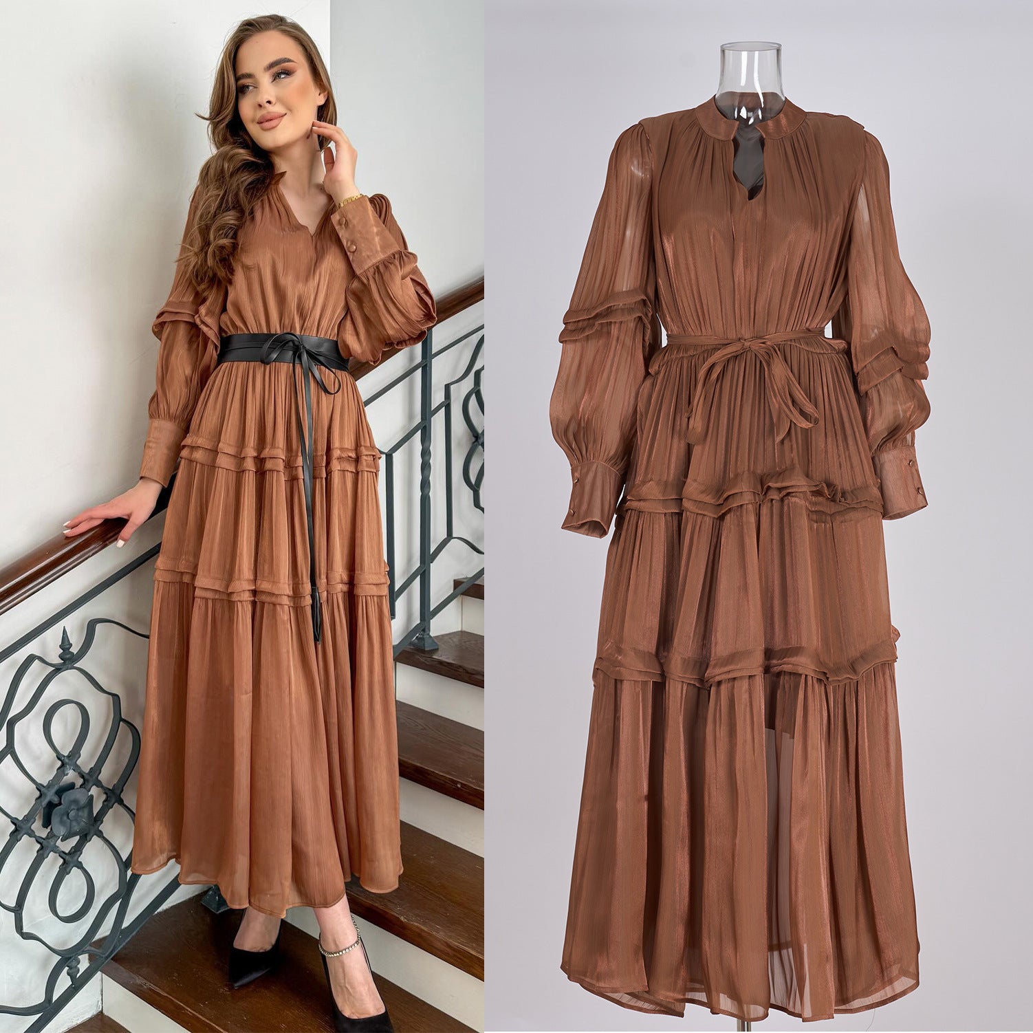 V-Neck Lantern Sleeve High Waist Pleated Long Dress