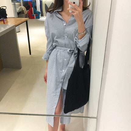 Jupe chemise en coton et lin rayée avec fente