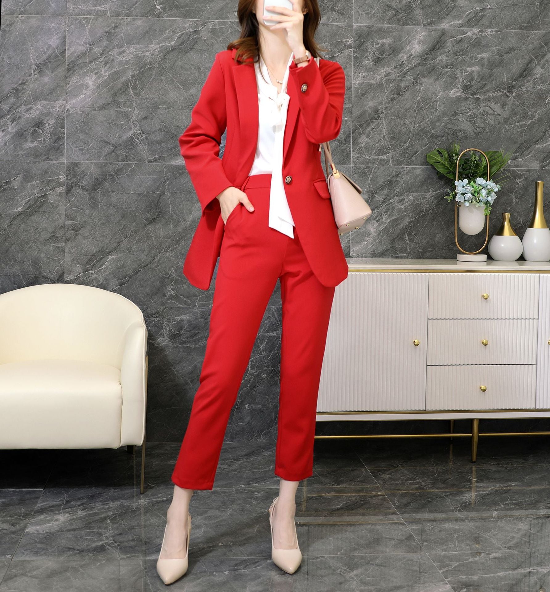 Red Twilled Double Linen Dress Suit in XL-5XL