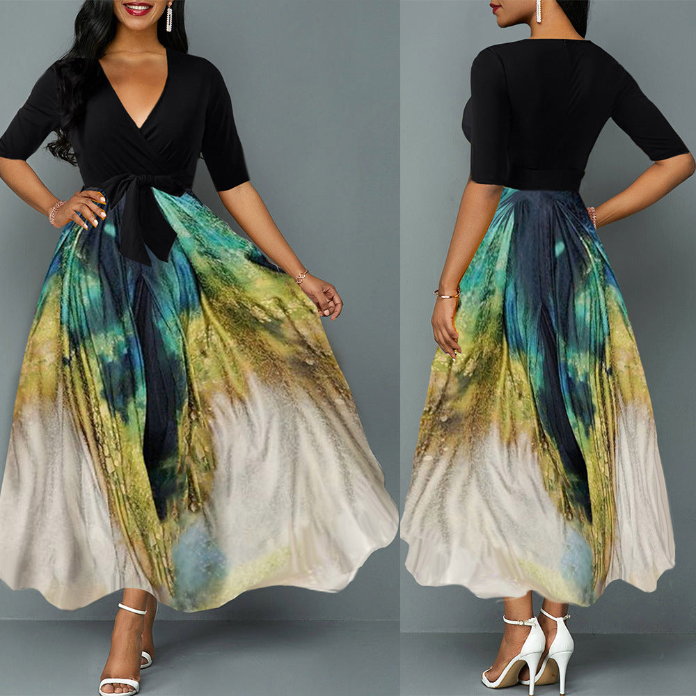 Robe d'été en mousseline de soie noire imprimé paon pour femme
