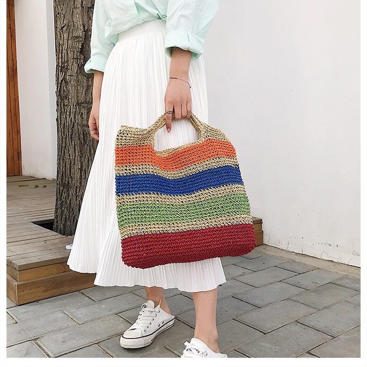 Rainbow Striped Large Capacity Rope Shoulder Bag 38x38x4cm