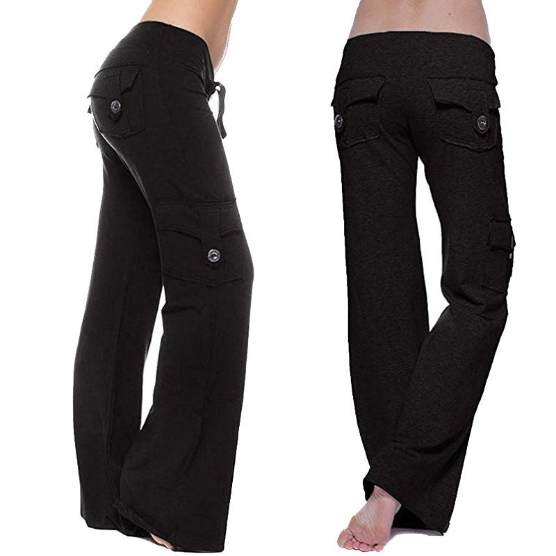 Women's High Waist Flared Cotton Pants with Multiple Pockets