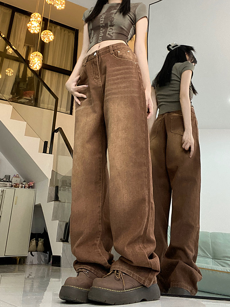 Brown Coffee Women's Straight Loose Wide-Leg Jeans Pants