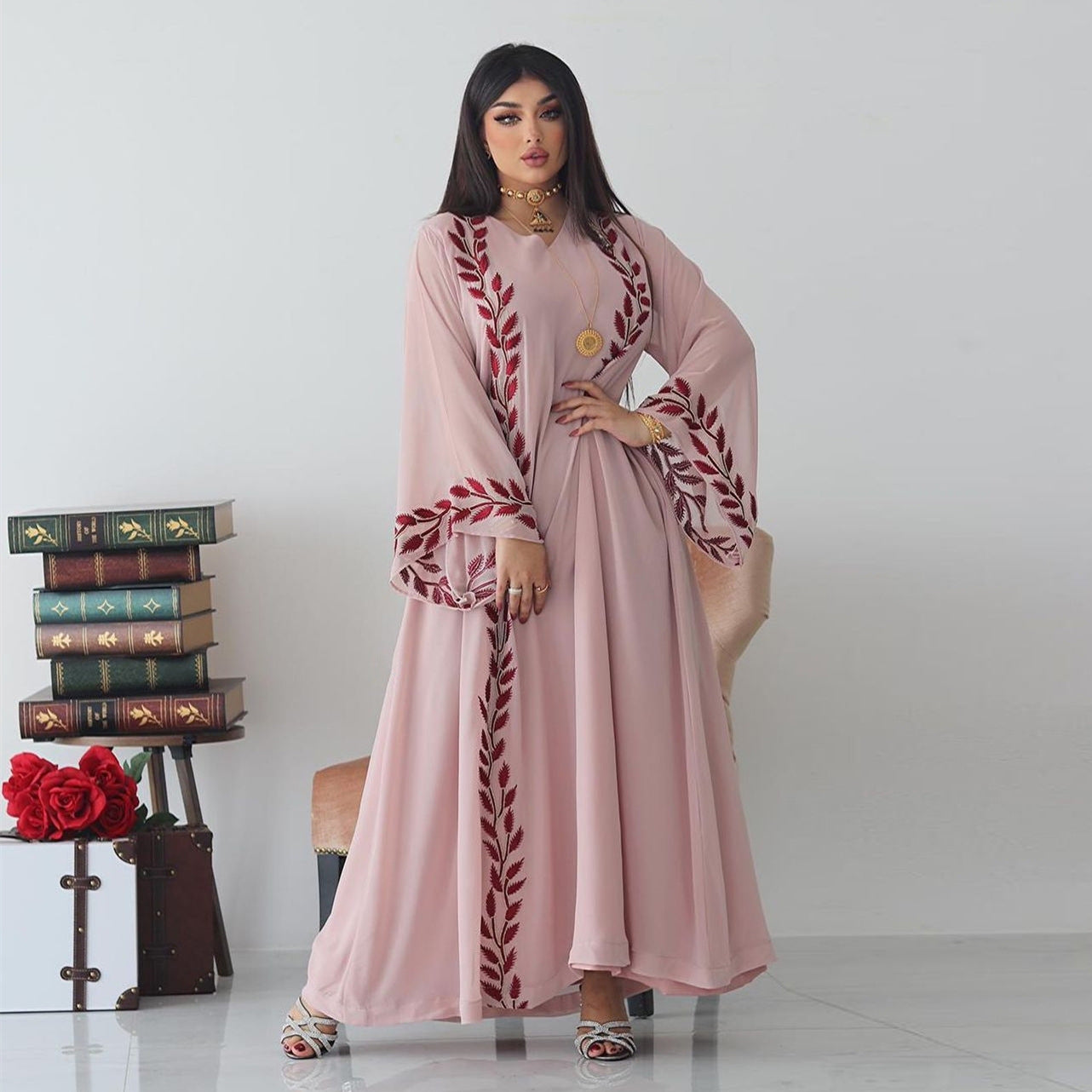 Chiffon Long Islamic Embroidered Crew Neck Dress With Headscarf