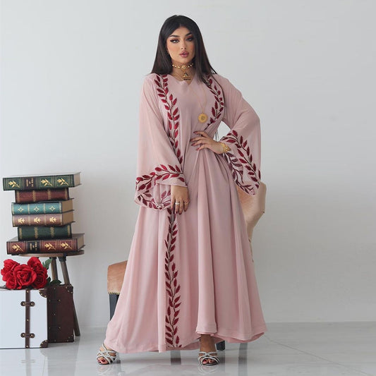 Chiffon Long Islamic Embroidered Crew Neck Dress With Headscarf
