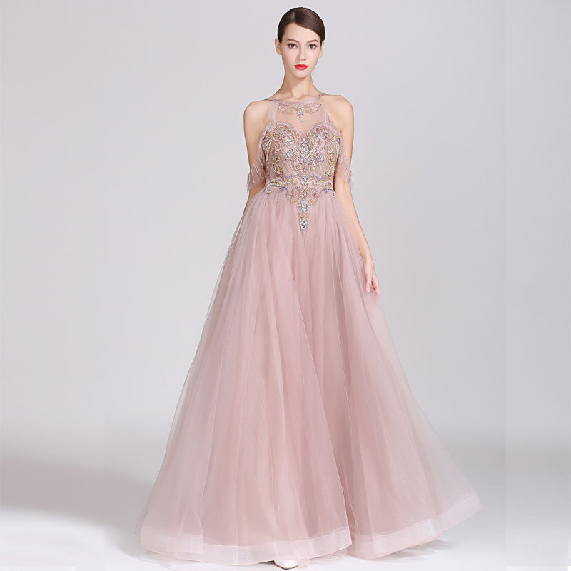 Bean Paste Color Handmade Evening Dress with Sequins, Mid Waist, Long Skirt, Sizes XS-XL