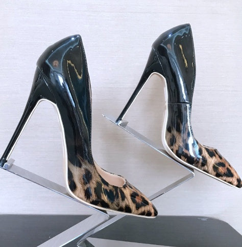 Leopard Color Matching Pointed Toe Shallow Mouth High Heels 12CM PU