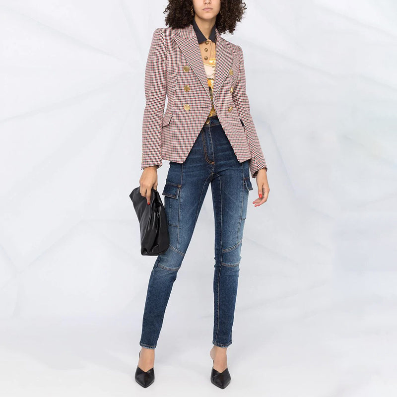Women’s Red Houndstooth Double-Breasted Long-Sleeve Blazer Jacket