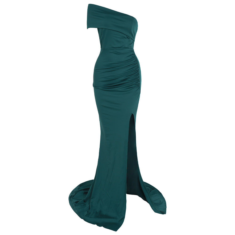 One-Shoulder Green Polyester Slim Fit Evening Party Dress