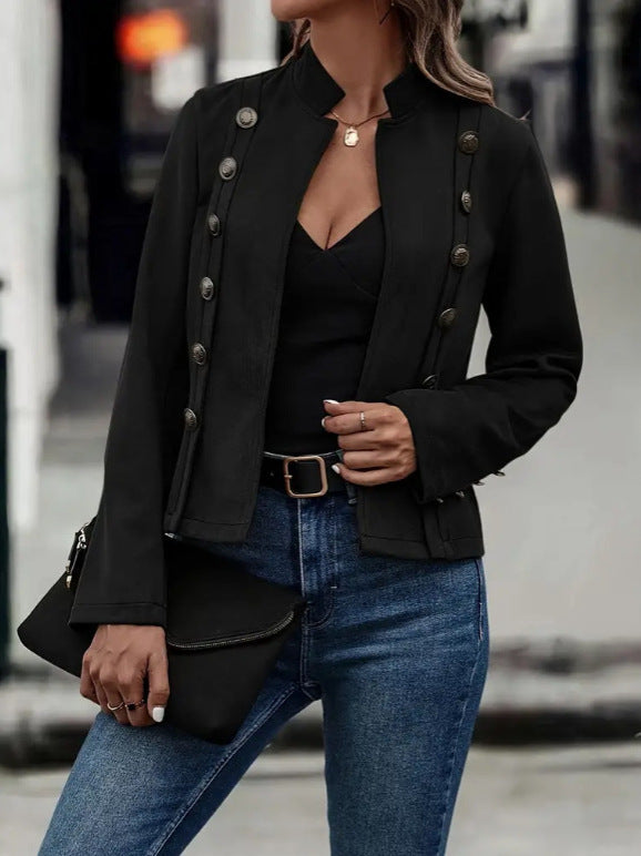Double Breasted Retro Suede Short Jacket for Women Long Sleeve Outwear Top