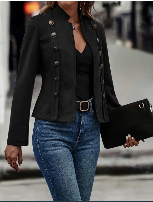Double Breasted Retro Suede Short Jacket for Women Long Sleeve Outwear Top