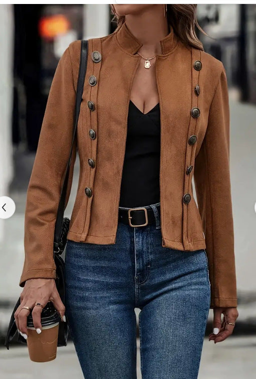 Double Breasted Retro Suede Short Jacket for Women Long Sleeve Outwear Top