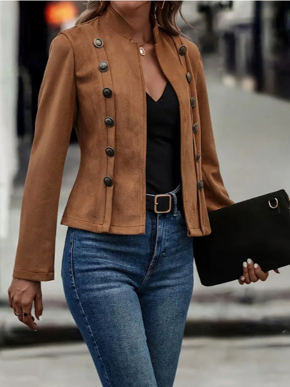 Double Breasted Retro Suede Short Jacket for Women Long Sleeve Outwear Top