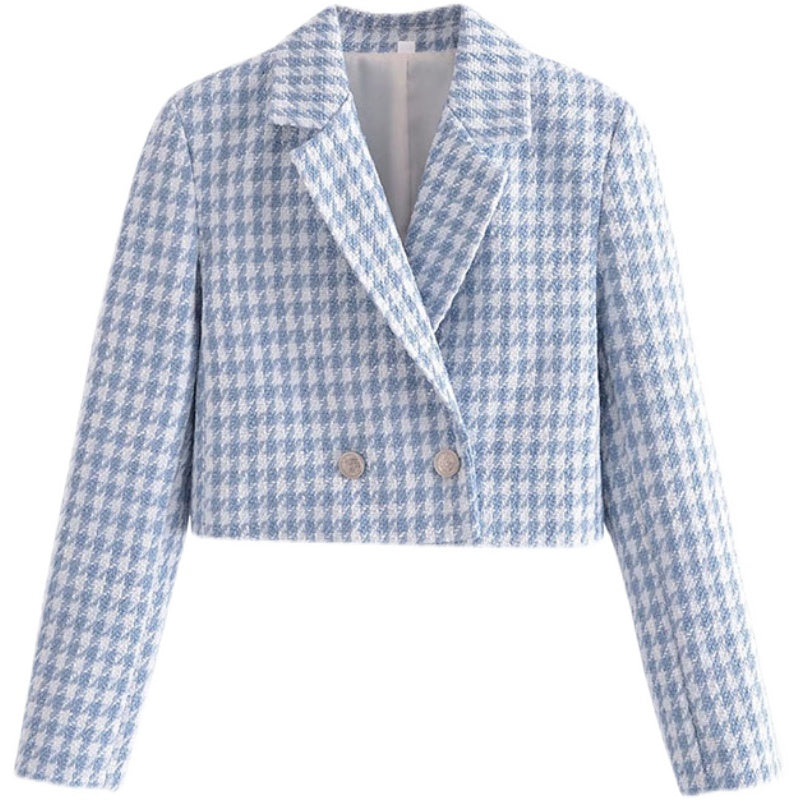 Women’s Slim Short Suit Coat in Light Blue Checker with Thousand Bird Pattern