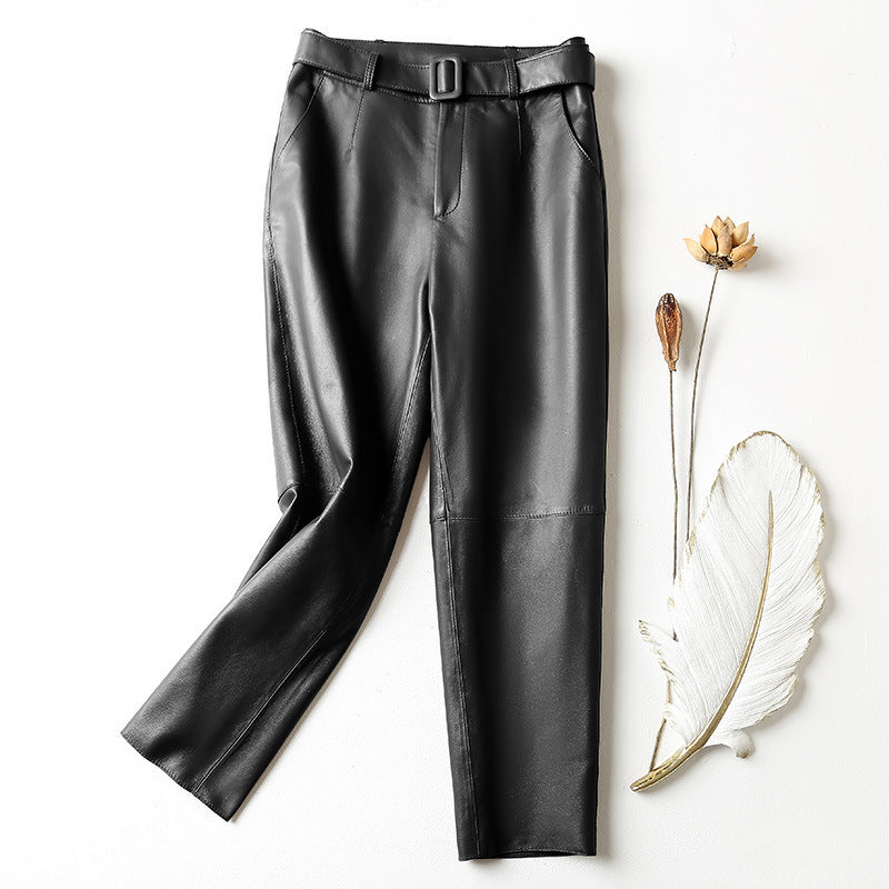 High-Waisted Genuine Sheepskin Leather Straight Pants with Belt