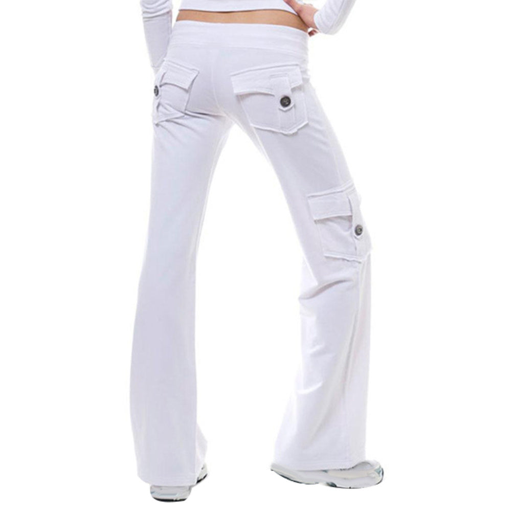 Women's High Waist Flared Cotton Pants with Multiple Pockets