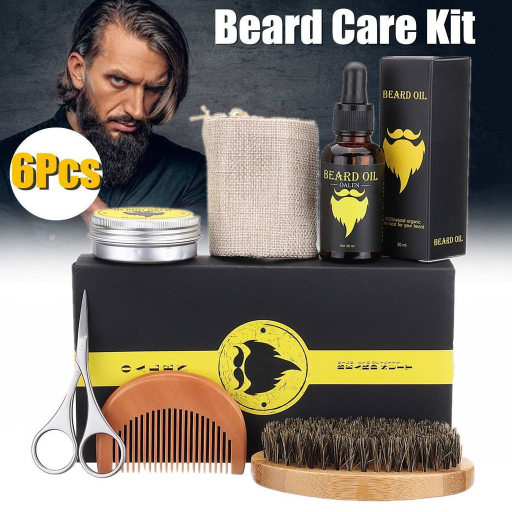 Beard Care Kit 6-Piece Set with Sage Scent, 30g Cream & 30ml Oil, Comb, Brush, Scissors, and Linen Bag