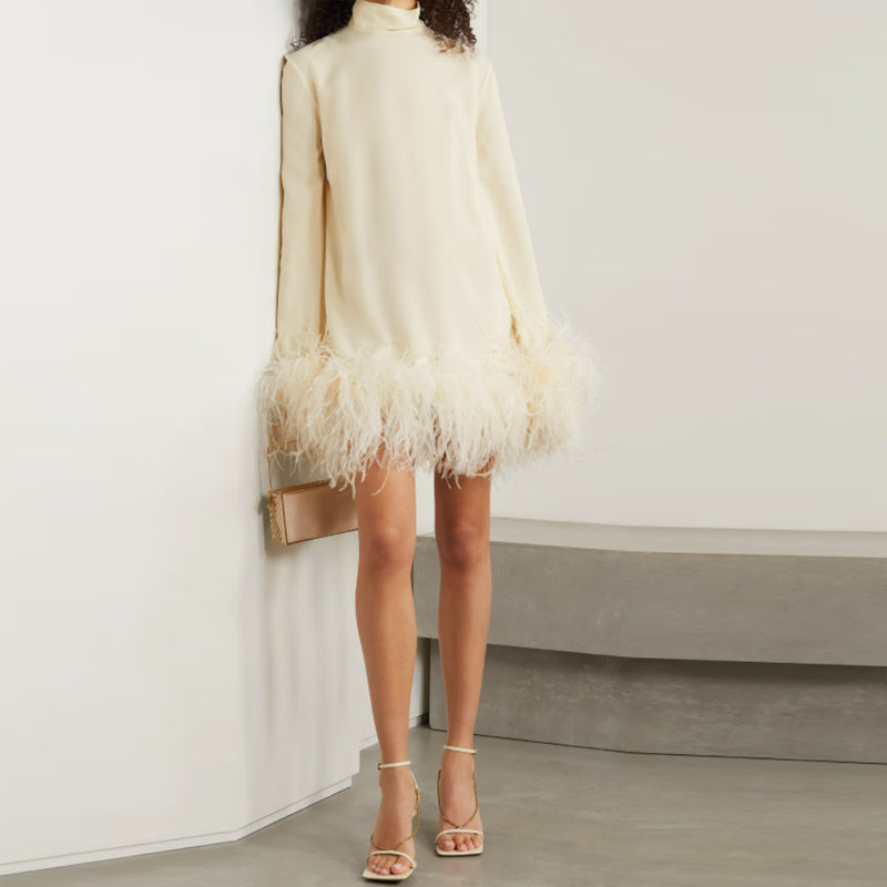Black Turtleneck Long Sleeve Short Dress with Ostrich Feather Detail